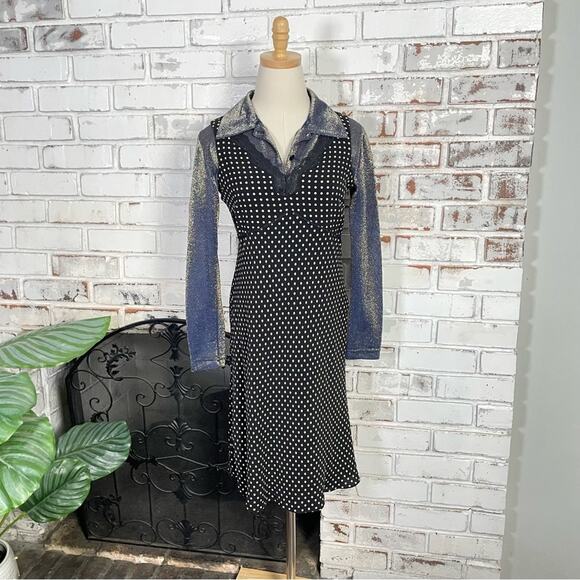 Vintage 90s Slightly Sheer Blue Gold Iridescent Button Down Long Sleeve Top - Picture 8 of 11